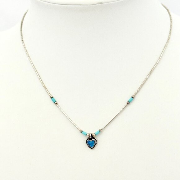 Sterling Silver Necklace w/Heart Turquoise Inlay - Picture 5 of 7